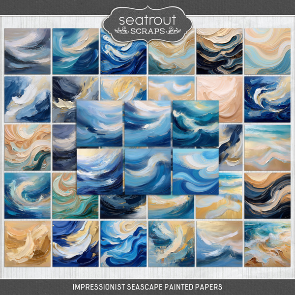 Impressionist Seascape Painted Papers Digital Art - Digital Scrapbooking Kits