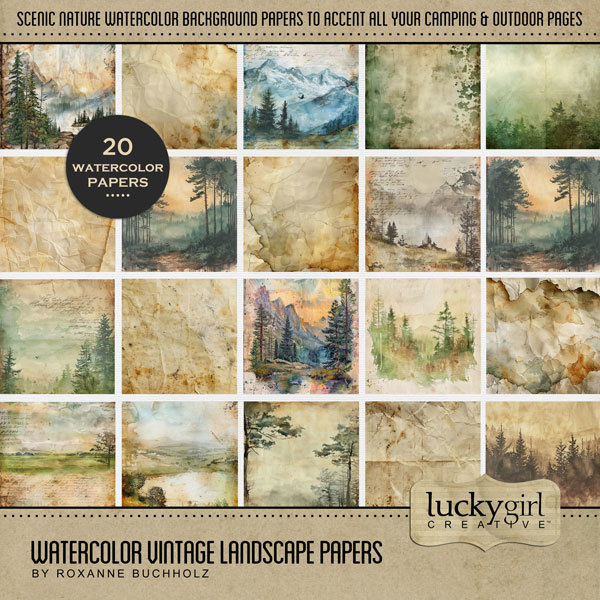 Watercolor Vintage Landscape Papers Digital Art - Digital Scrapbooking Kits