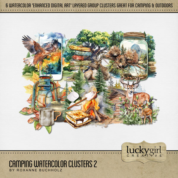 Camping Watercolor Clusters 2 Digital Art - Digital Scrapbooking Kits
