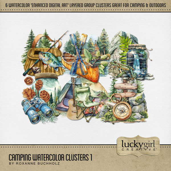 Camping Watercolor Clusters 1 Digital Art - Digital Scrapbooking Kits