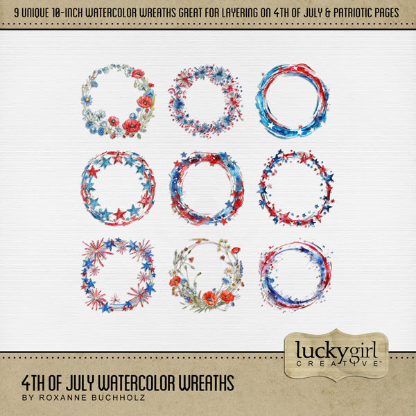 4th of July Watercolor Wreaths Digital Art - Digital Scrapbooking Kits