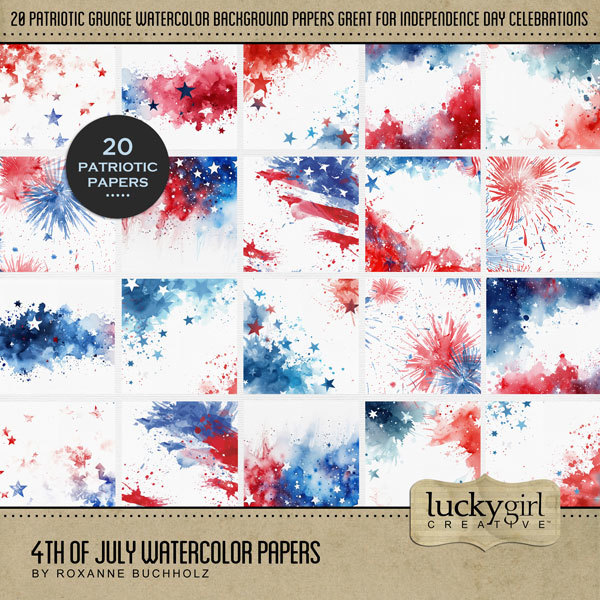 4th of July Watercolor Papers Digital Art - Digital Scrapbooking Kits