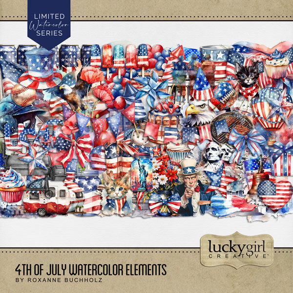 4th of July Watercolor Elements Digital Art - Digital Scrapbooking Kits