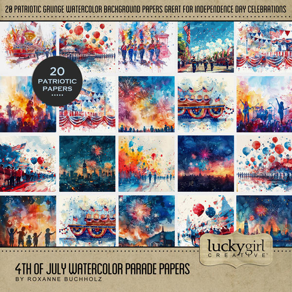 4th of July Watercolor Parade Papers Digital Art - Digital Scrapbooking Kits