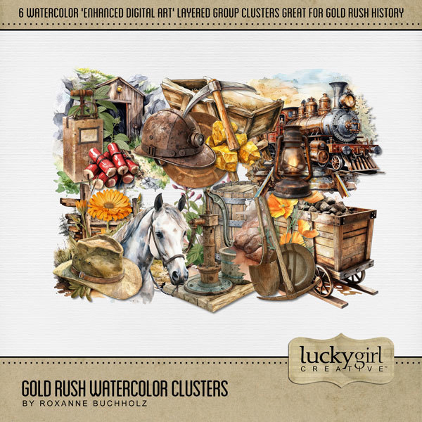Gold Rush Watercolor Clusters Digital Art - Digital Scrapbooking Kits