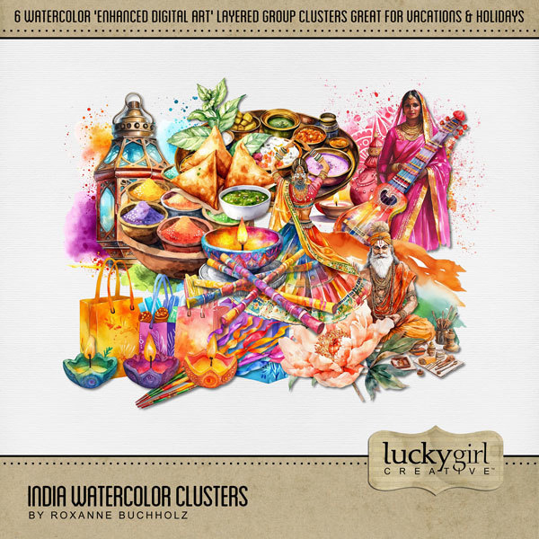 India Watercolor Clusters Digital Art - Digital Scrapbooking Kits