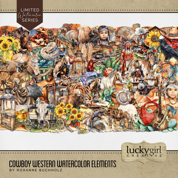 Cowboy Western Watercolor Elements Digital Art - Digital Scrapbooking Kits