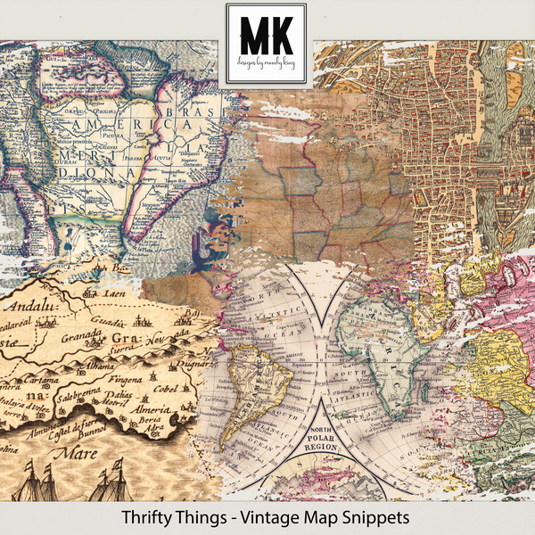 Thrifty Things - Vintage Map Snippets Digital Art - Digital Scrapbooking Kits
