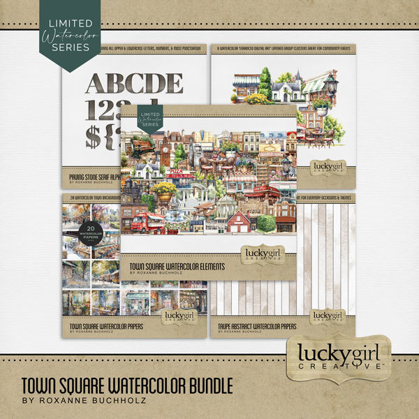 Town Square Watercolor Bundle Digital Art - Digital Scrapbooking Kits