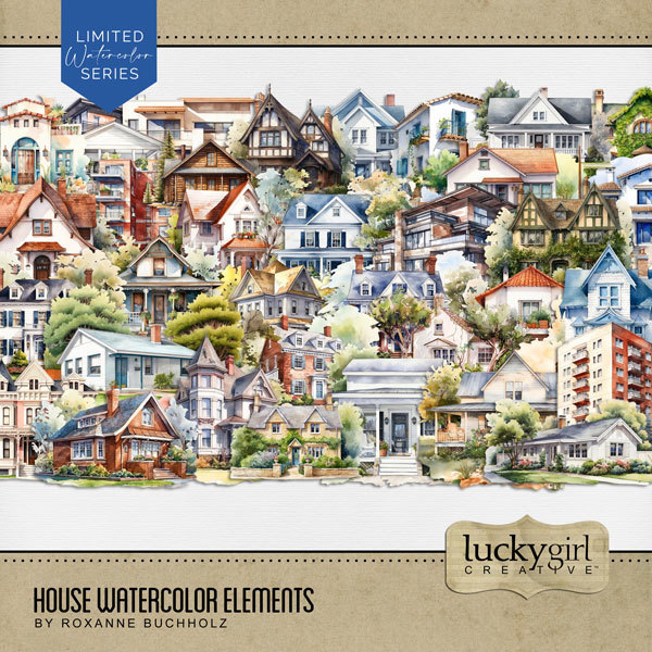 House Watercolor Elements Digital Art - Digital Scrapbooking Kits
