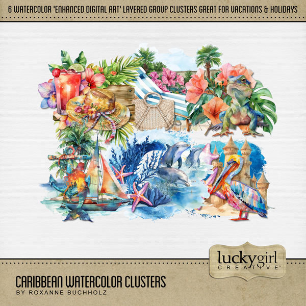 Caribbean Watercolor Clusters Digital Art - Digital Scrapbooking Kits