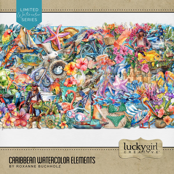 Caribbean Watercolor Elements Digital Art - Digital Scrapbooking Kits