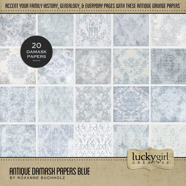 Antique Damask Papers Blue Digital Art - Digital Scrapbooking Kits