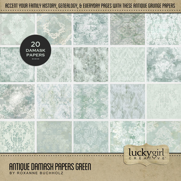 Antique Damask Papers Green Digital Art - Digital Scrapbooking Kits