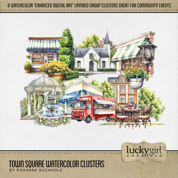 Town Square Watercolor Clusters Digital Art - Digital Scrapbooking Kits