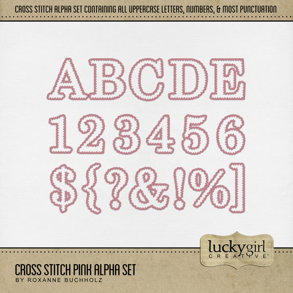 Cross Stitch Pink Alpha Set Digital Art - Digital Scrapbooking Kits
