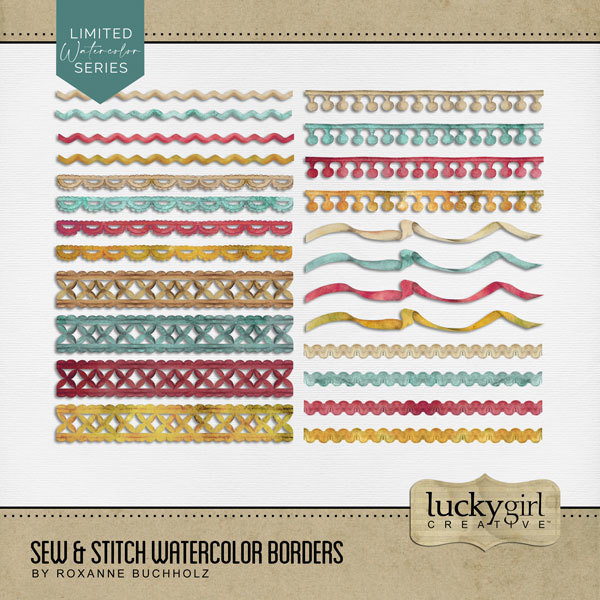 Sew & Stitch Watercolor Borders Digital Art - Digital Scrapbooking Kits