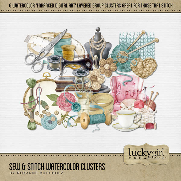 Sew & Stitch Watercolor Clusters Digital Art - Digital Scrapbooking Kits