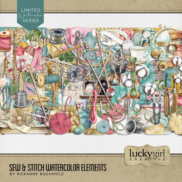Sew & Stitch Watercolor Elements Digital Art - Digital Scrapbooking Kits