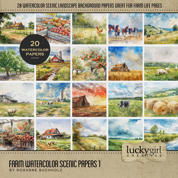 Farm Watercolor Scenic Papers 1 Digital Art - Digital Scrapbooking Kits