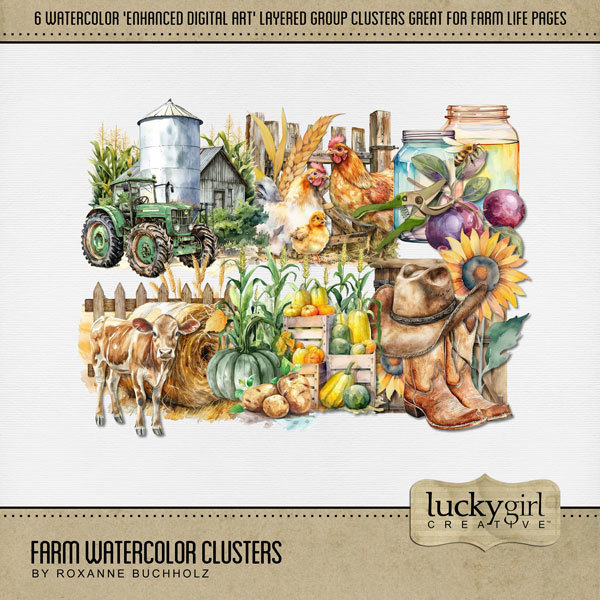 Farm Watercolor Clusters Digital Art - Digital Scrapbooking Kits