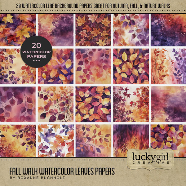Fall Walk Watercolor Leaves Papers Digital Art - Digital Scrapbooking Kits
