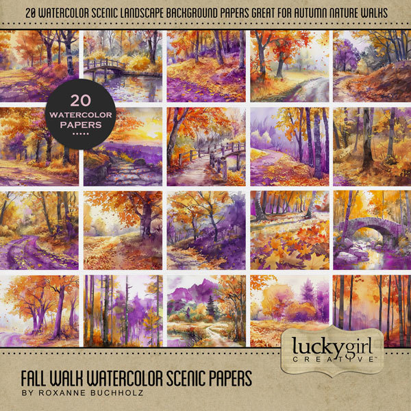 Fall Walk Watercolor Scenic Papers Digital Art - Digital Scrapbooking Kits