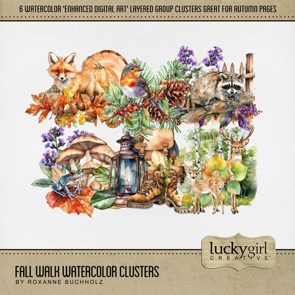 Fall Walk Watercolor Clusters Digital Art - Digital Scrapbooking Kits