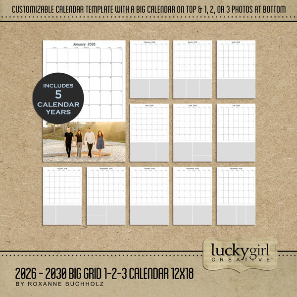 2026 - 2030 Big Grid 1-2-3 Calendar 12x18 Digital Art - Digital Scrapbooking Kits