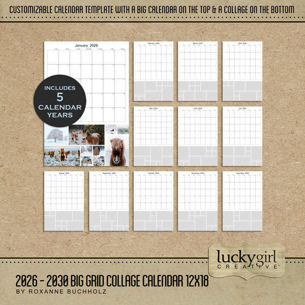 2026 - 2030 Big Grid Collage Calendar 12x18 Digital Art - Digital Scrapbooking Kits