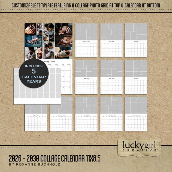2026 - 2030 Collage Calendar 11x8.5 Digital Art - Digital Scrapbooking Kits