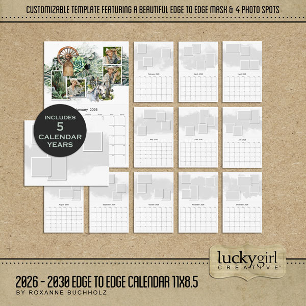 2026 - 2030 Edge to Edge Calendar 11x8.5 Digital Art - Digital Scrapbooking Kits