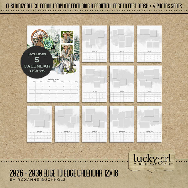 2026 - 2030 Edge to Edge Calendar 12x18 Digital Art - Digital Scrapbooking Kits