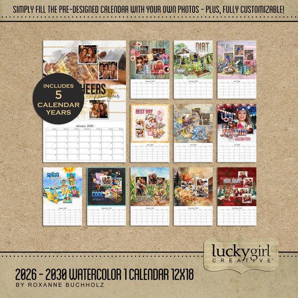 2026 - 2030 Watercolor 1 Calendar 12x18 Digital Art - Digital Scrapbooking Kits