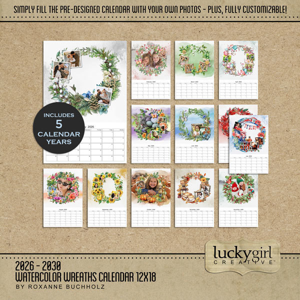 2026 - 2030 Watercolor Wreaths 12x18 Calendar Digital Art - Digital Scrapbooking Kits
