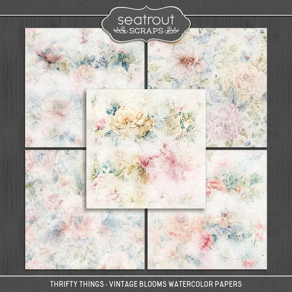 Thrifty Things - Vintage Blooms Watercolor Papers Digital Art - Digital Scrapbooking Kits