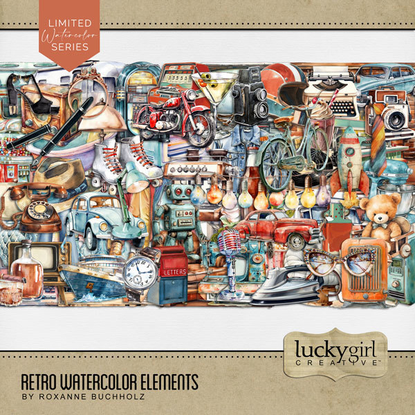Retro Watercolor Elements Digital Art - Digital Scrapbooking Kits