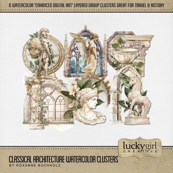 Classical Architecture Watercolor Clusters Digital Art - Digital Scrapbooking Kits