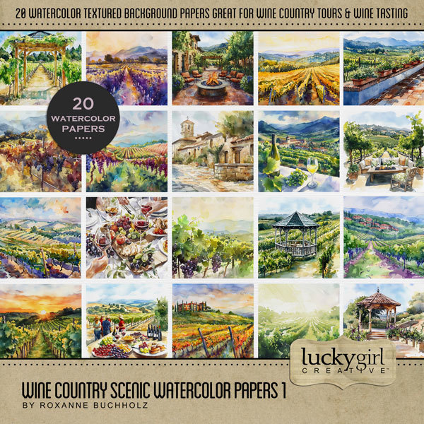 Wine Country Scenic Watercolor Papers 1 Digital Art - Digital Scrapbooking Kits