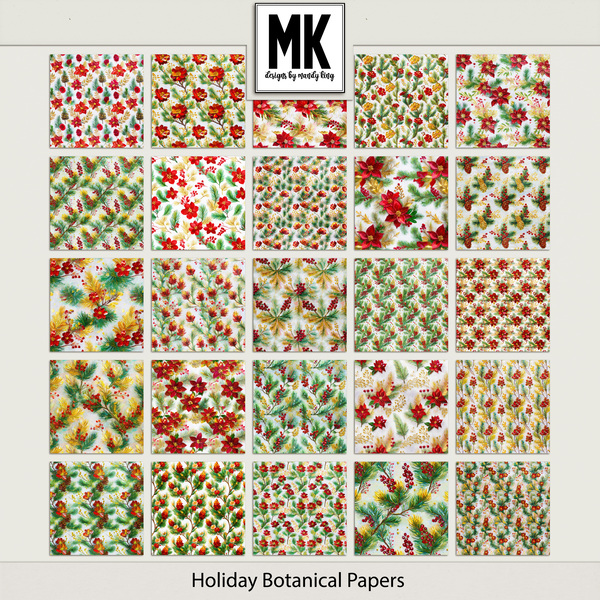 Holiday Botanical Papers Digital Art - Digital Scrapbooking Kits