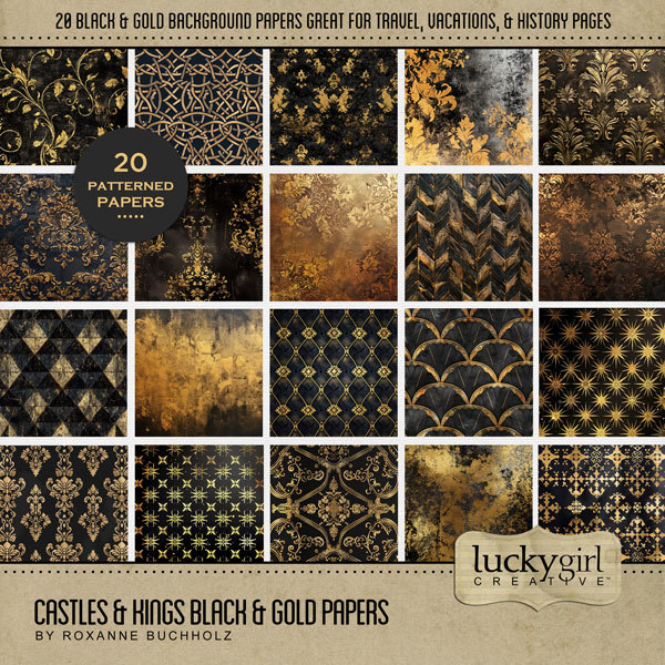 Castles & Kings Black & Gold Papers Digital Art - Digital Scrapbooking Kits