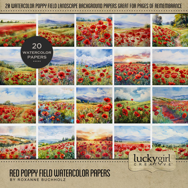 Red Poppy Field Watercolor Papers Digital Art - Digital Scrapbooking Kits