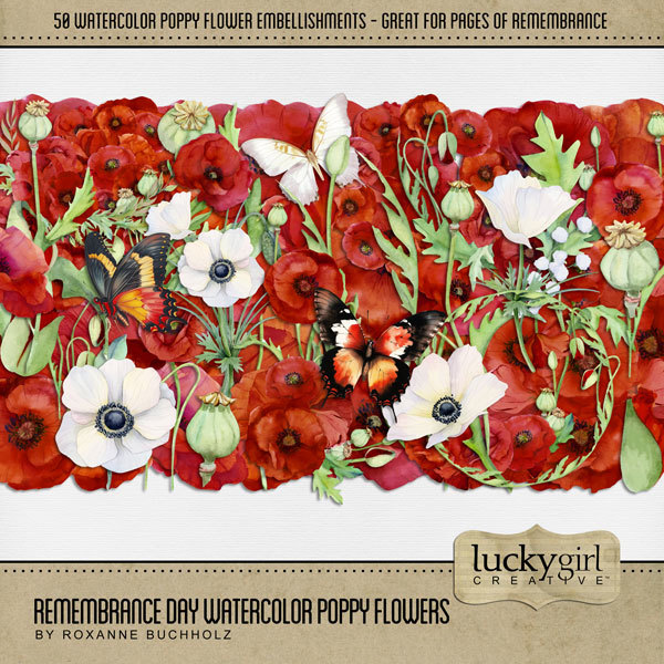Remembrance Day Watercolor Poppy Flowers Digital Art - Digital Scrapbooking Kits