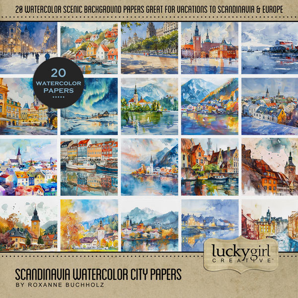 Scandinavia Watercolor City Papers Digital Art - Digital Scrapbooking Kits
