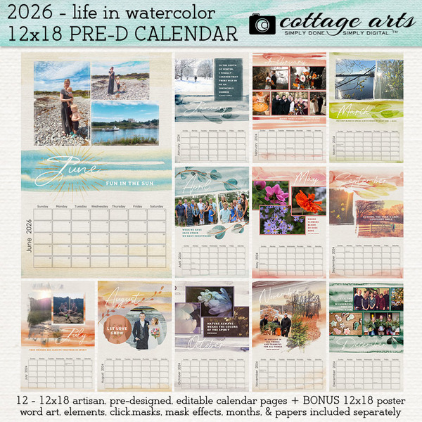 2026 - Life in Watercolor 12x18 Pre-designed Calendar Digital Art - Digital Scrapbooking Kits