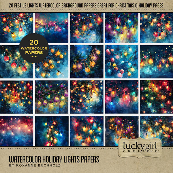 Watercolor Holiday Lights Papers Digital Art - Digital Scrapbooking Kits