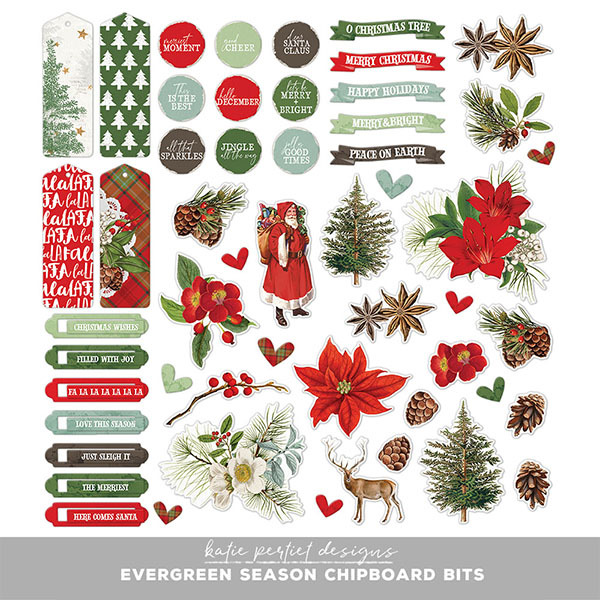 Vintage Evergreen Season Chipboard Bits Digital Art - Digital Scrapbooking Kits