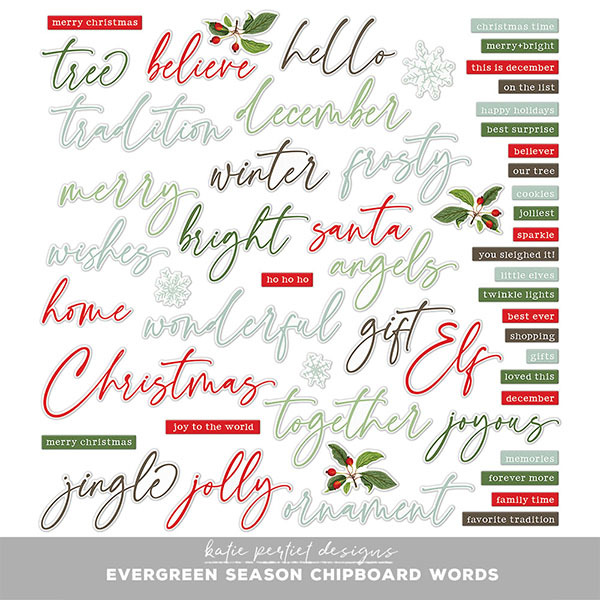 Vintage Evergreen Season Chipboard Words Digital Art - Digital Scrapbooking Kits