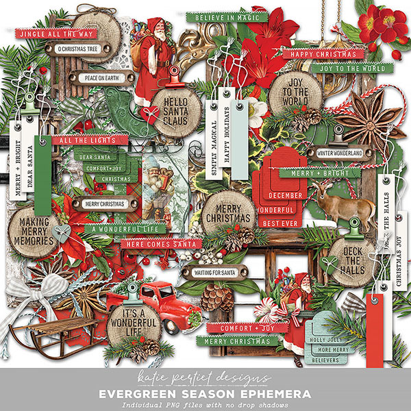 Vintage Evergreen Season Ephemera Digital Art - Digital Scrapbooking Kits