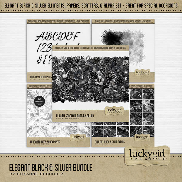 Elegant Black & Silver Bundle Digital Art - Digital Scrapbooking Kits